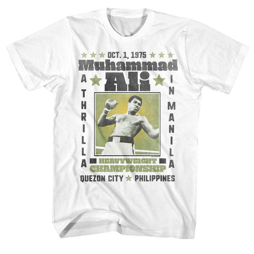 White Muhammad Ali t-shirt featuring Muhammad Ali A Thrilla in Manila boxing design
