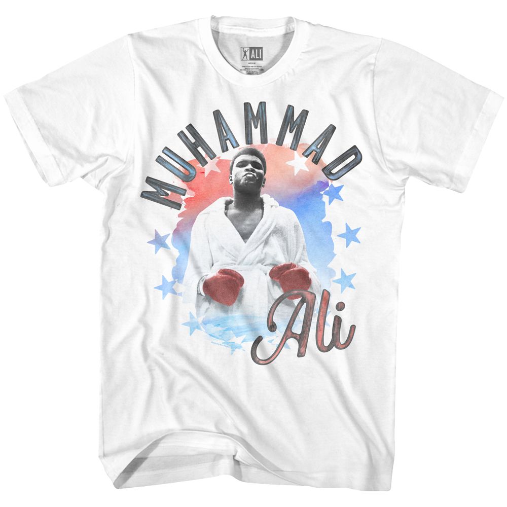 White Muhammad Ali t-shirt featuring Muhammad Ali Red White Blue design