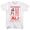 White Muhammad Ali t-shirt featuring Muhammad Ali vintage poster design