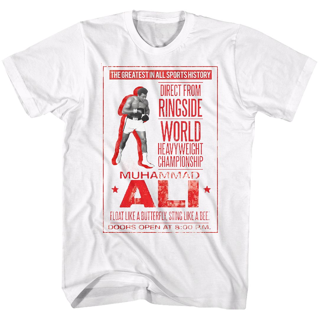 White Muhammad Ali t-shirt featuring Muhammad Ali vintage poster design