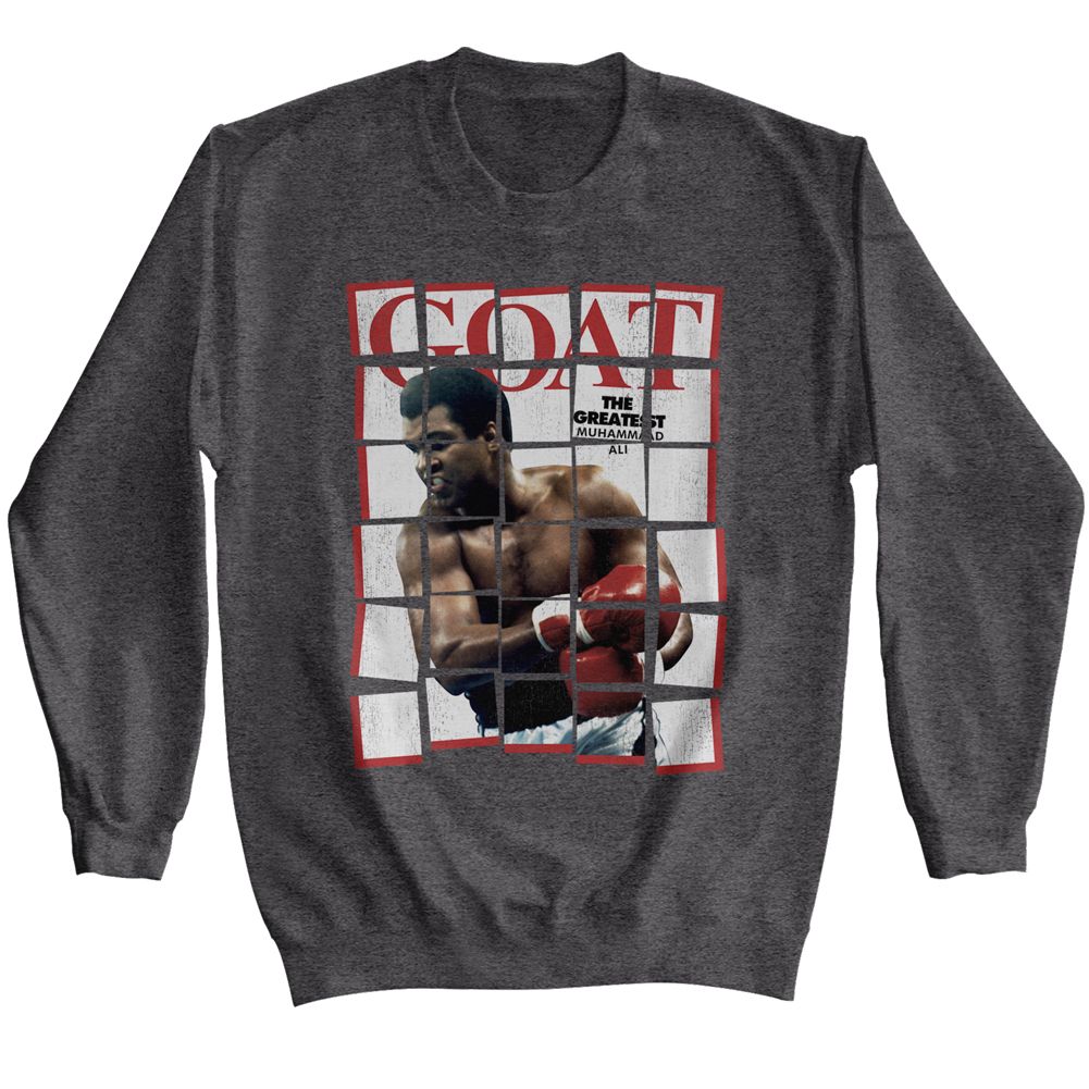 Dark heather Muhammad Ali sweatshirt featuring Muhammad Ali GOAT Greatest of All Time design