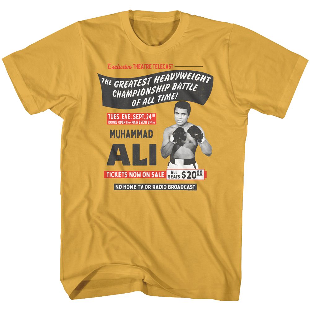 Ginger orange Muhammad Ali t-shirt featuring Muhammad Ali Telecast TV broadcast design
