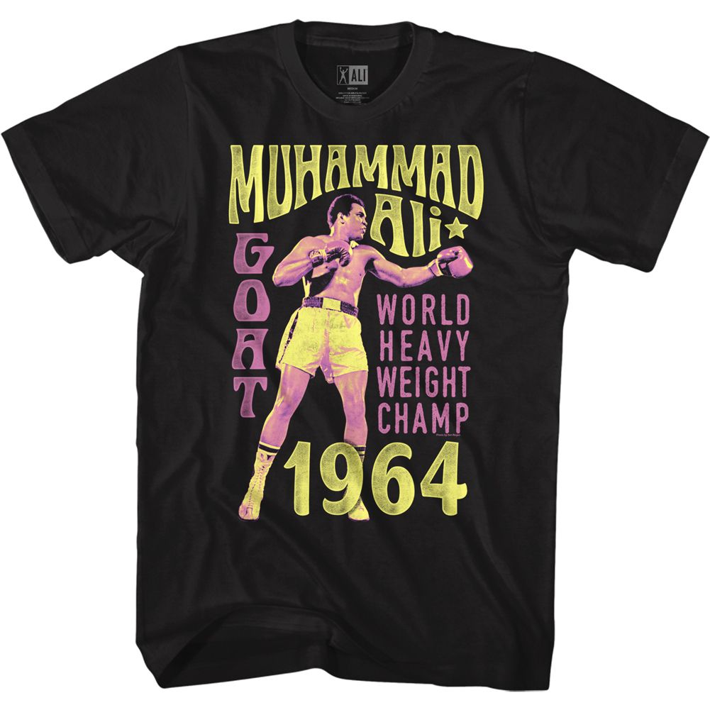 Black Muhammad Ali t-shirt featuring Muhammad Ali GOAT 1964 Liston upset design