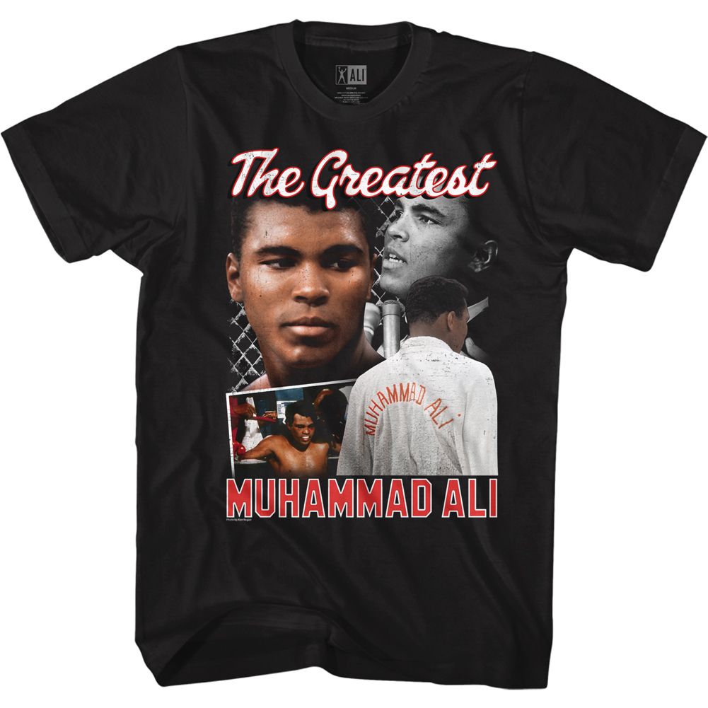 Black Muhammad Ali t-shirt featuring Muhammad Ali script collage typography design