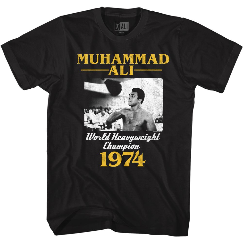 Black Muhammad Ali t-shirt featuring Muhammad Ali Ma74Ss boxing legend design