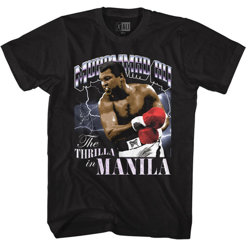 Black Muhammad Ali t-shirt featuring Muhammad Ali Thrilla in Manila lightning design