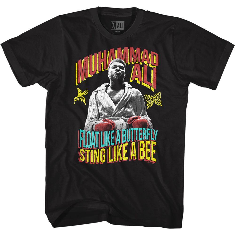 Black Muhammad Ali t-shirt featuring Muhammad Ali Float Sting tricolor design