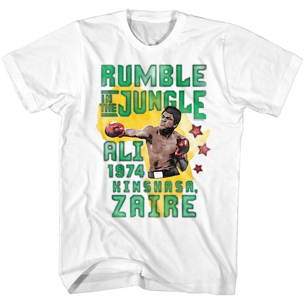 White Muhammad Ali t-shirt featuring Muhammad Ali Rumble in the Jungle 1974 vs Foreman Zaire