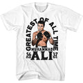 White Muhammad Ali t-shirt featuring Muhammad Ali 56 Wins 37 KOs career record design