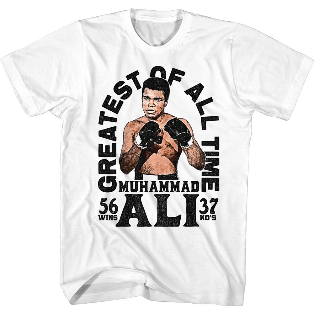 White Muhammad Ali t-shirt featuring Muhammad Ali 56 Wins 37 KOs career record design