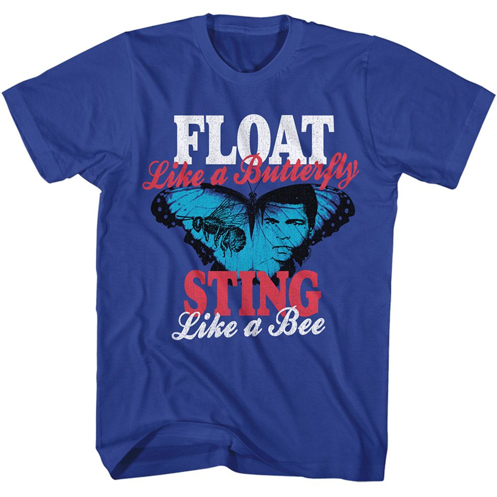 Royal blue Muhammad Ali t-shirt featuring Muhammad Ali Float And Sting full quote design