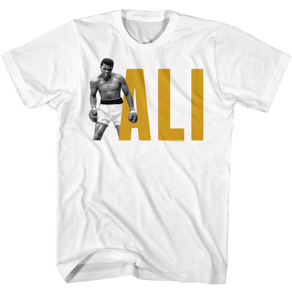 White Muhammad Ali t-shirt featuring Muhammad Ali In Front Of Name boxing legend design