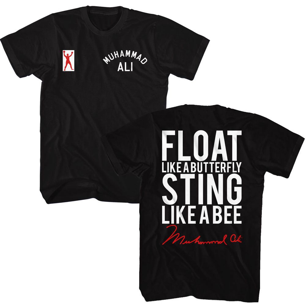Black Muhammad Ali t-shirt featuring Muhammad Ali Float Sting 2-sided front and back design