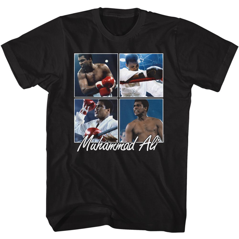 Black Muhammad Ali t-shirt featuring Muhammad Ali Four Squares grid design