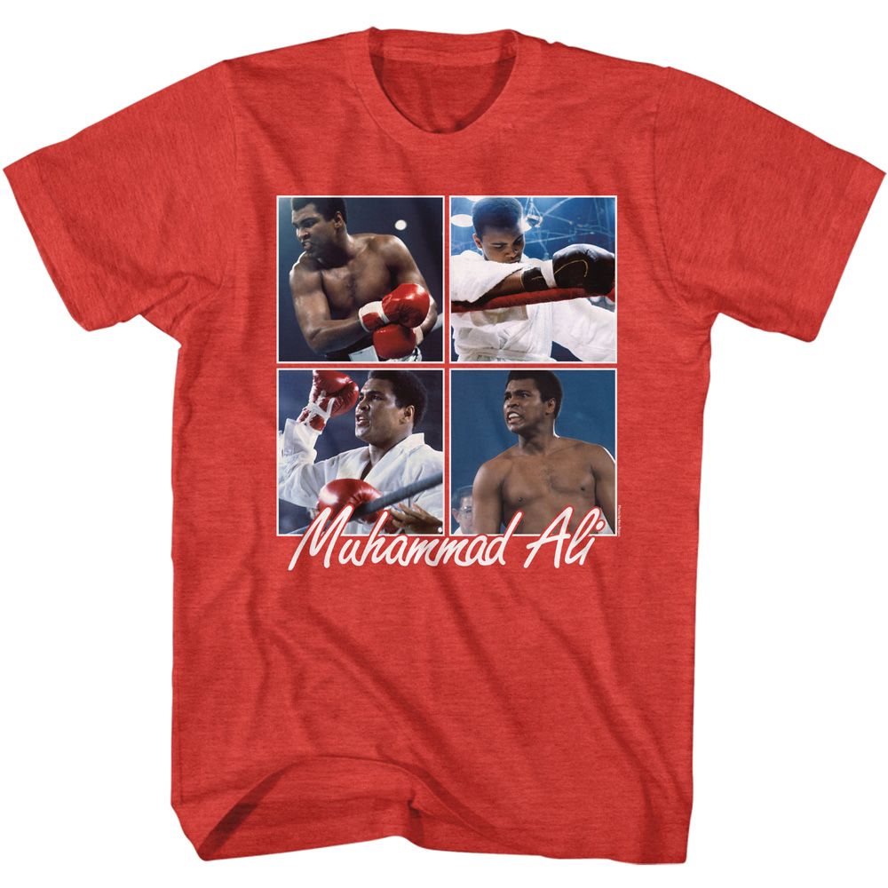 Red heather Muhammad Ali t-shirt featuring Muhammad Ali Four Squares grid design