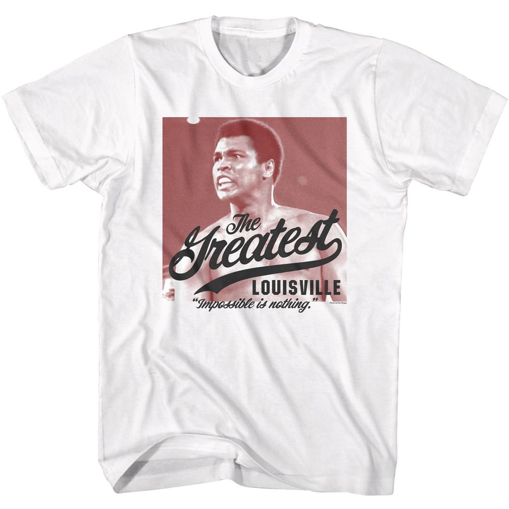White Muhammad Ali t-shirt featuring Muhammad Ali Impossible Is Nothing quote design