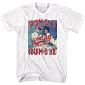 White Muhammad Ali t-shirt featuring Muhammad Ali Rumble Young Man chant design