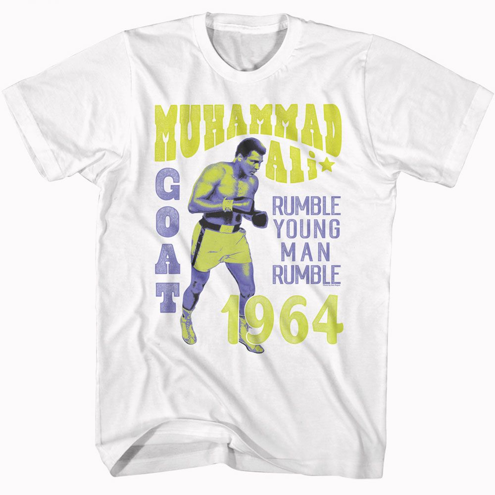 White Muhammad Ali t-shirt featuring Muhammad Ali Rumble Young Man Rumble Zaire design