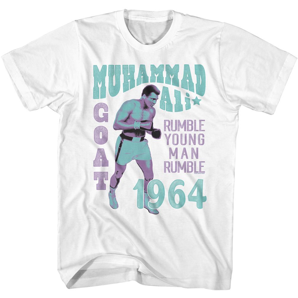 White Muhammad Ali t-shirt featuring Muhammad Ali Rumble Young Man Rumble chant design