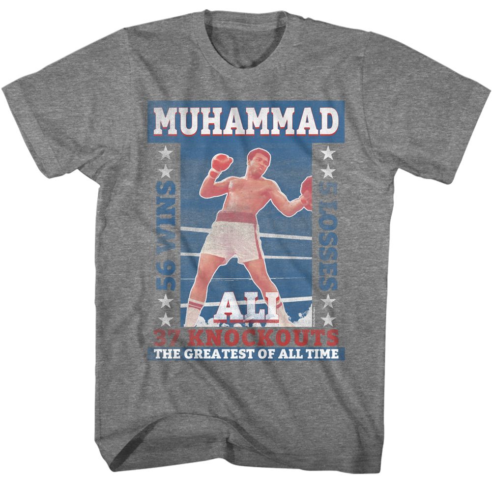 Graphite heather Muhammad Ali t-shirt featuring Muhammad Ali Fight Record statistics design