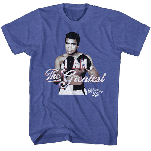 Royal blue heather Muhammad Ali t-shirt featuring Muhammad Ali Greatest quote design