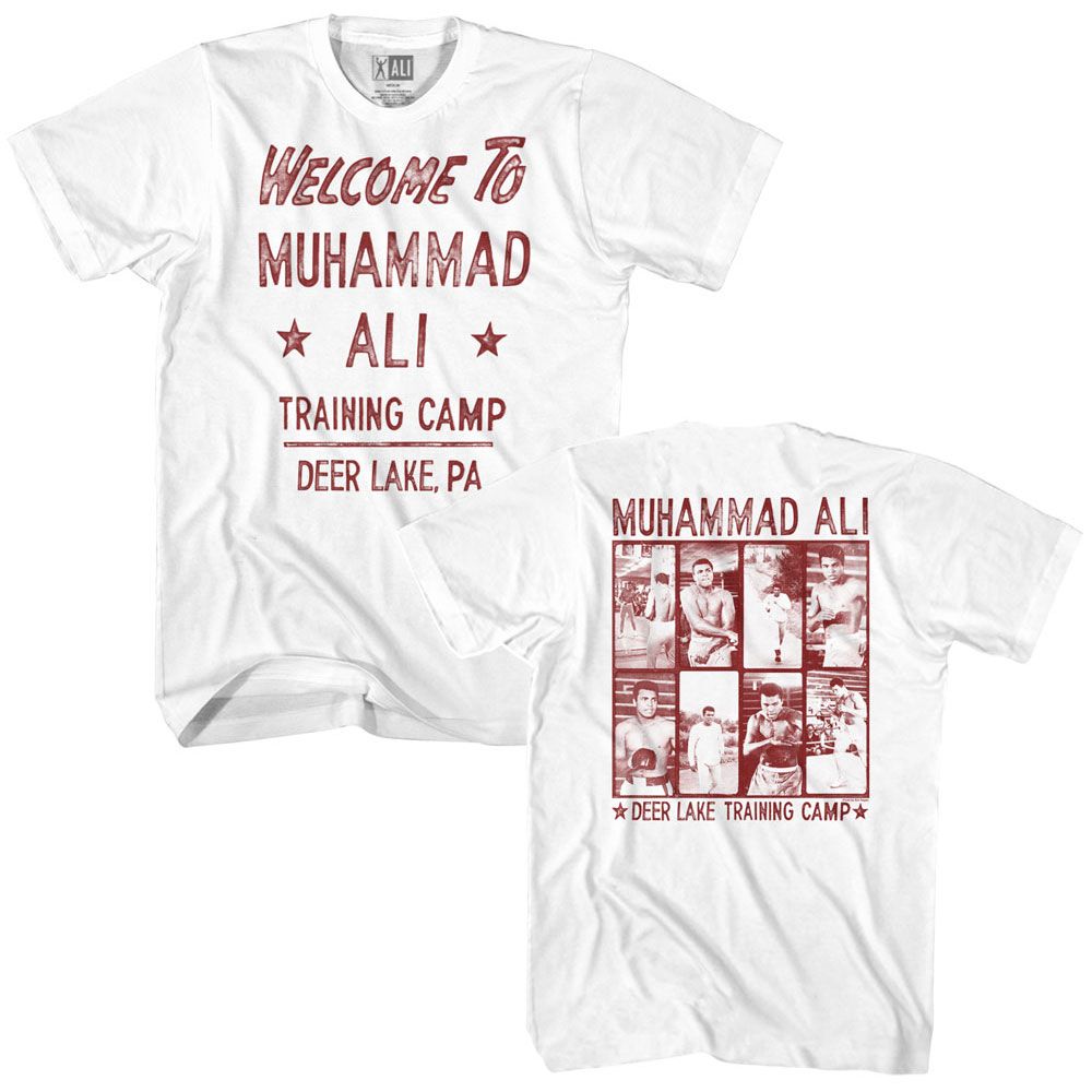 White Muhammad Ali t-shirt featuring Muhammad Ali Welcome To Camp Deer Lake design