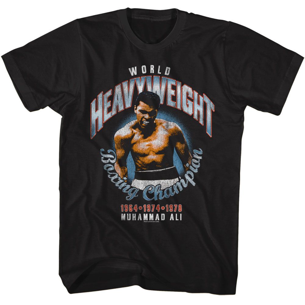 Black Muhammad Ali t-shirt featuring Muhammad Ali Championship Years career timeline design