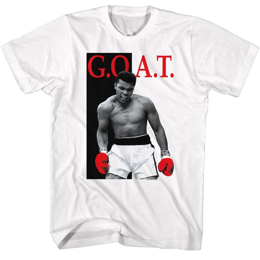 White Muhammad Ali t-shirt featuring Muhammad Ali Goat Again boxing legend design