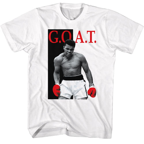 White Muhammad Ali t-shirt featuring Muhammad Ali Goat Again boxing legend design