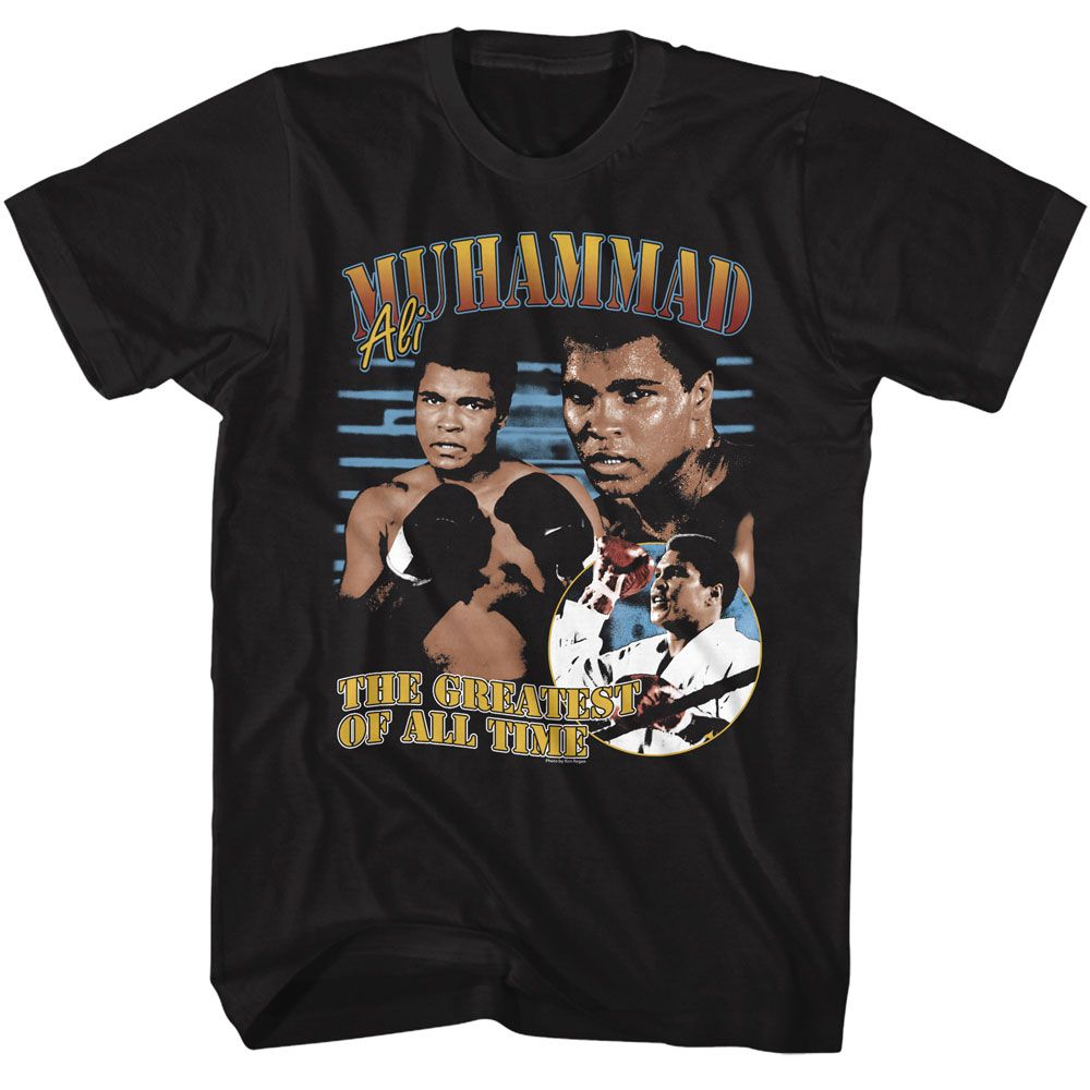 Black Muhammad Ali t-shirt featuring Muhammad Ali photo collage portrait design