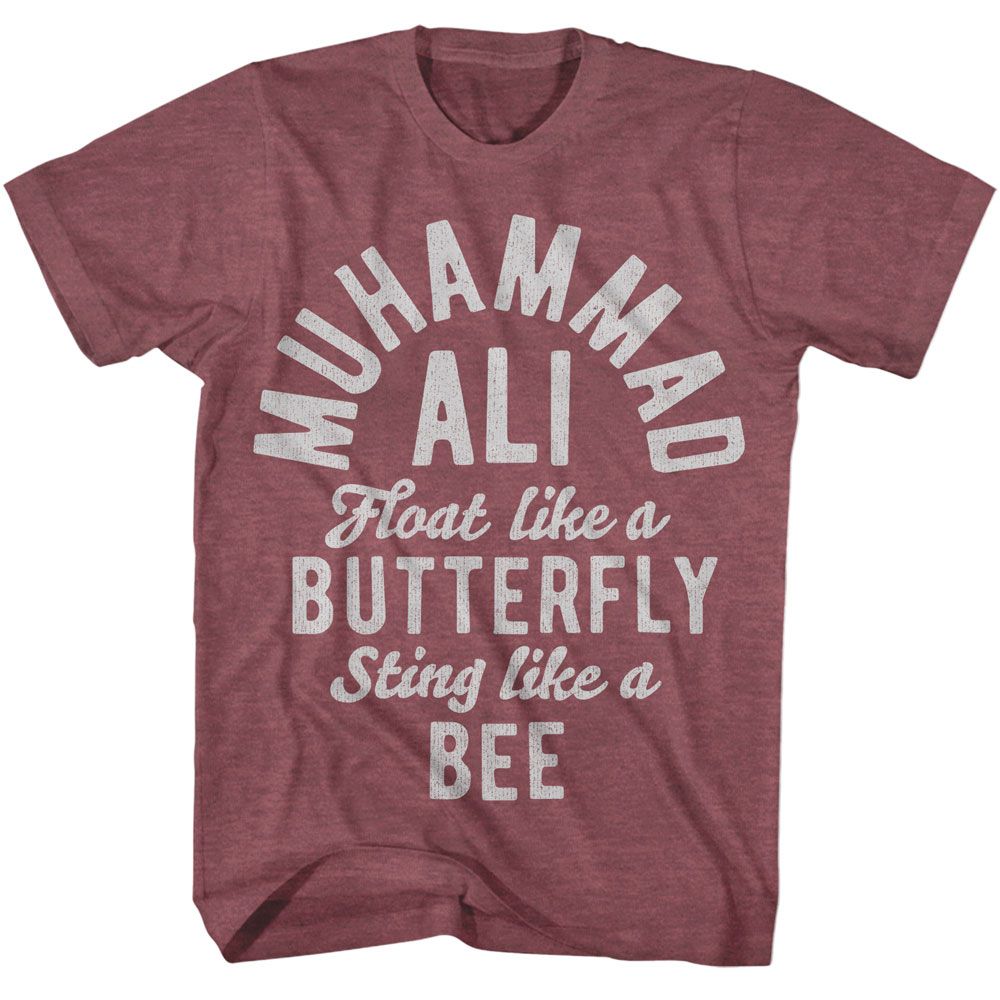 Vintage maroon heather Muhammad Ali t-shirt featuring Muhammad Ali Butterfly Bee quote design