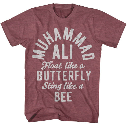 Vintage maroon heather Muhammad Ali t-shirt featuring Muhammad Ali Butterfly Bee quote design
