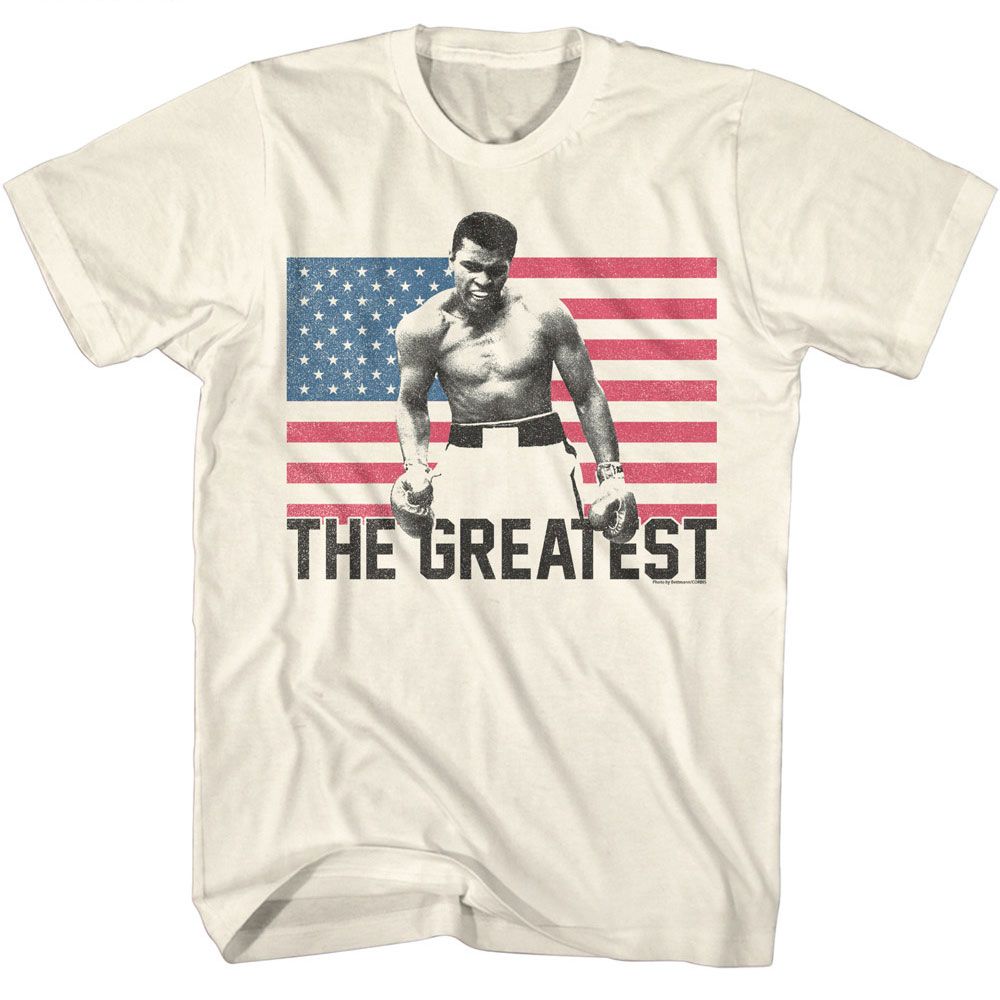 Natural Muhammad Ali t-shirt featuring Muhammad Ali Flag The Greatest patriotic design