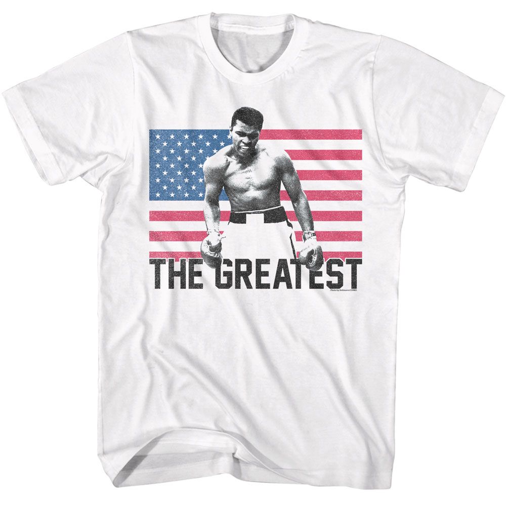 White Muhammad Ali t-shirt featuring Muhammad Ali Flag The Greatest patriotic design