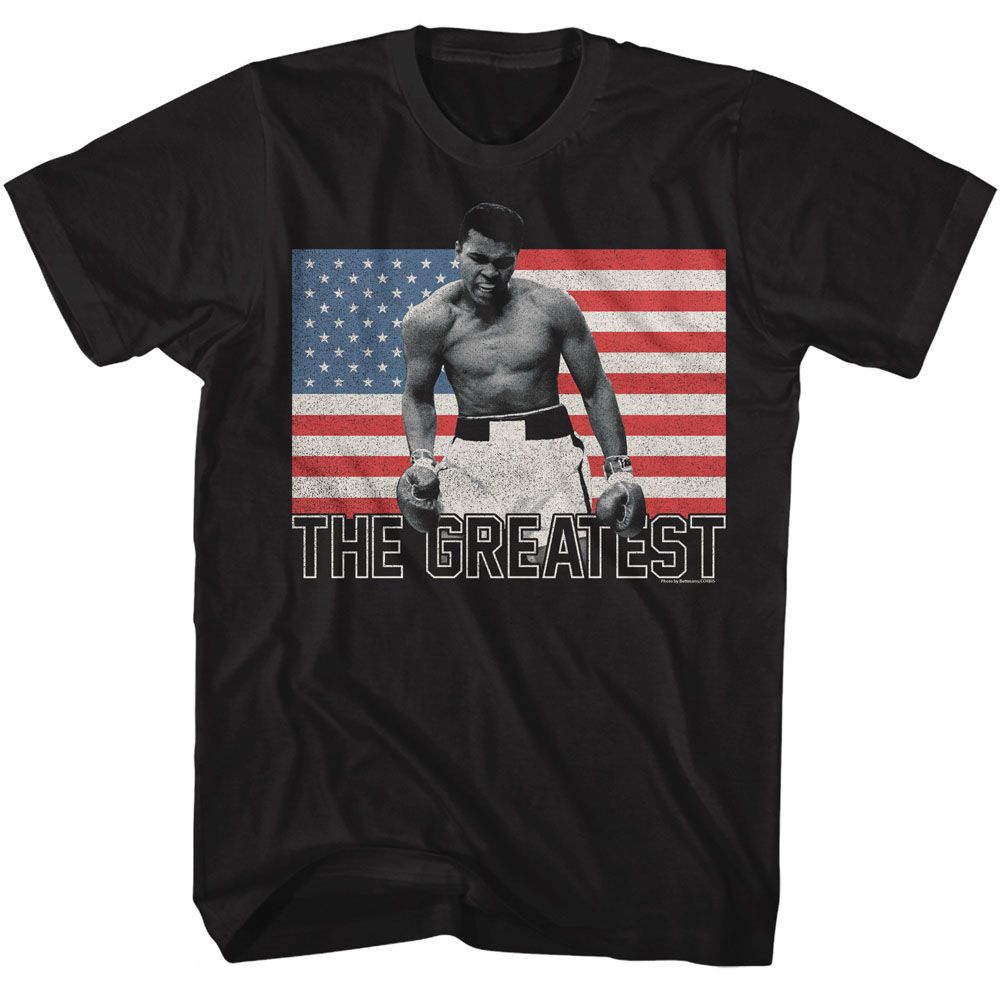 Black Muhammad Ali t-shirt featuring Muhammad Ali Flag The Greatest patriotic design