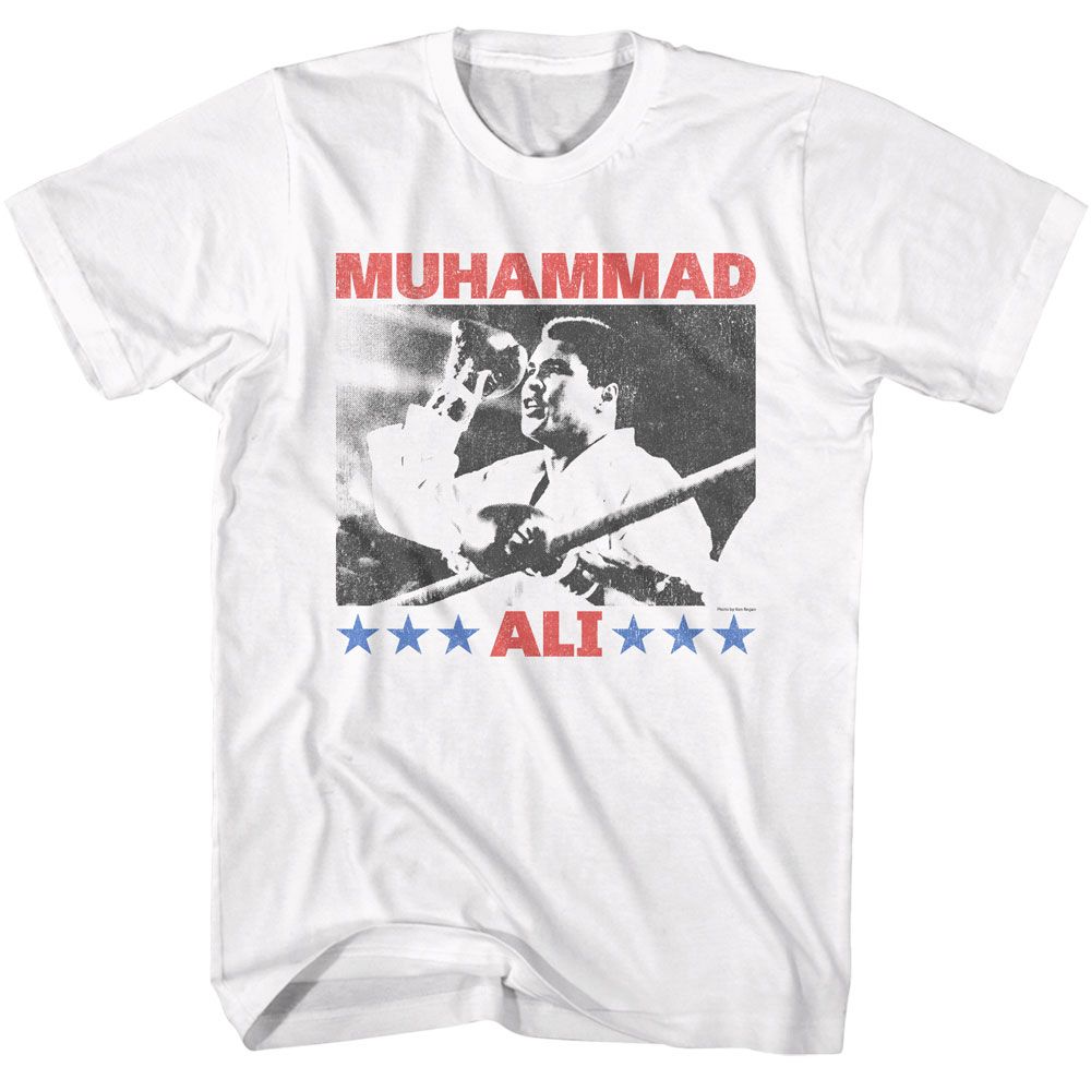 White Muhammad Ali t-shirt featuring Muhammad Ali Raising Fist victory design