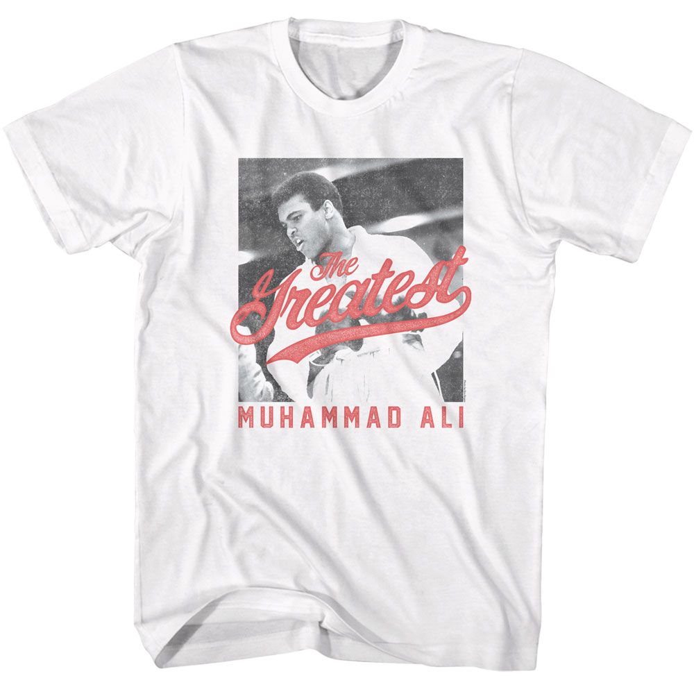 White Muhammad Ali t-shirt featuring Muhammad Ali The Greatest black and white design