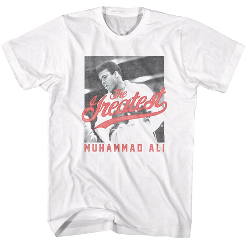 White Muhammad Ali t-shirt featuring Muhammad Ali The Greatest black and white design