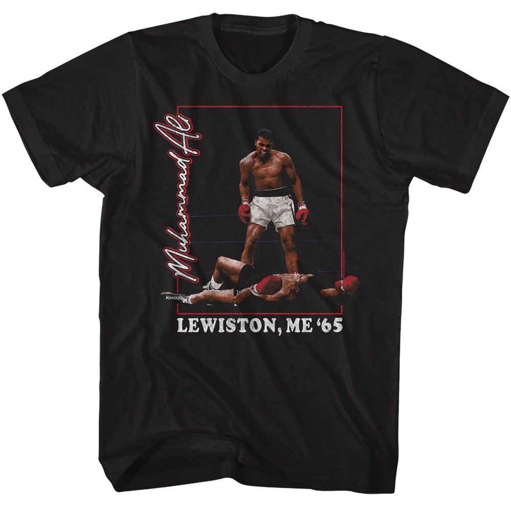 Black Muhammad Ali t-shirt featuring Muhammad Ali Lewiston Maine 1965 Liston rematch design