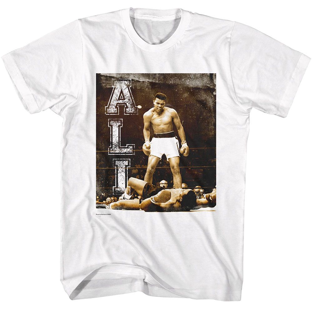White Muhammad Ali t-shirt featuring Muhammad Ali Grunge KO Vertical Text design