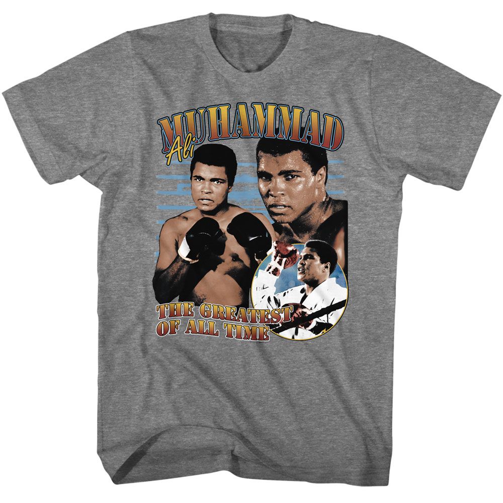 Graphite heather Muhammad Ali t-shirt featuring Muhammad Ali photo collage portrait design