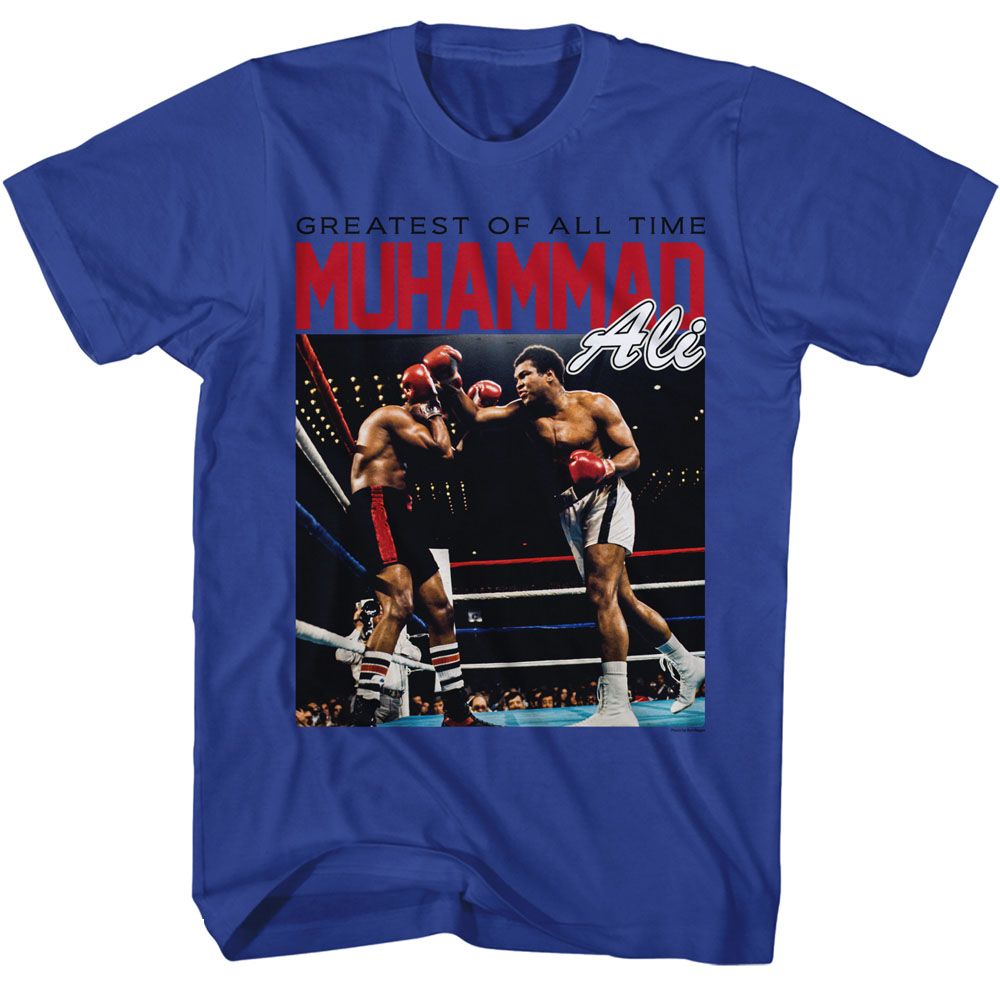 Royal blue Muhammad Ali t-shirt featuring Muhammad Ali Fight Ring Light design