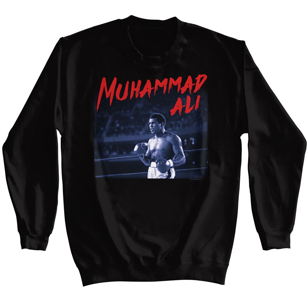 Black Muhammad Ali sweatshirt featuring Muhammad Ali dramatic text treatment design