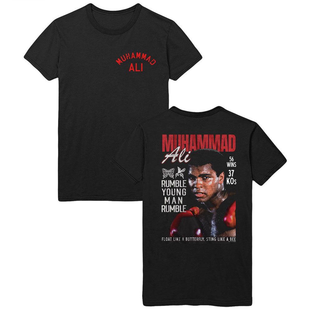 Black Muhammad Ali t-shirt featuring Muhammad Ali Rumble Young Man front and back design