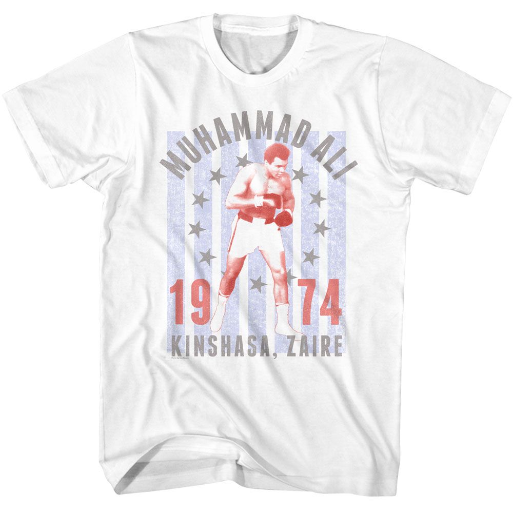 White Muhammad Ali t-shirt featuring Muhammad Ali Kinshasa Zaire 1974 Foreman fight design