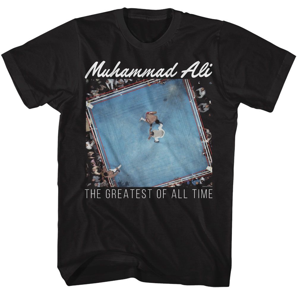 Black Muhammad Ali t-shirt featuring Muhammad Ali overhead GOAT photo design