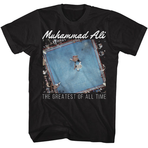 Black Muhammad Ali t-shirt featuring Muhammad Ali overhead GOAT photo design