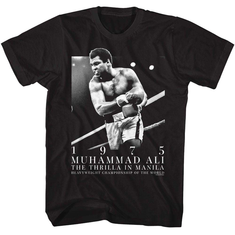 Black Muhammad Ali t-shirt featuring Muhammad Ali 1975 Manila Thrilla design