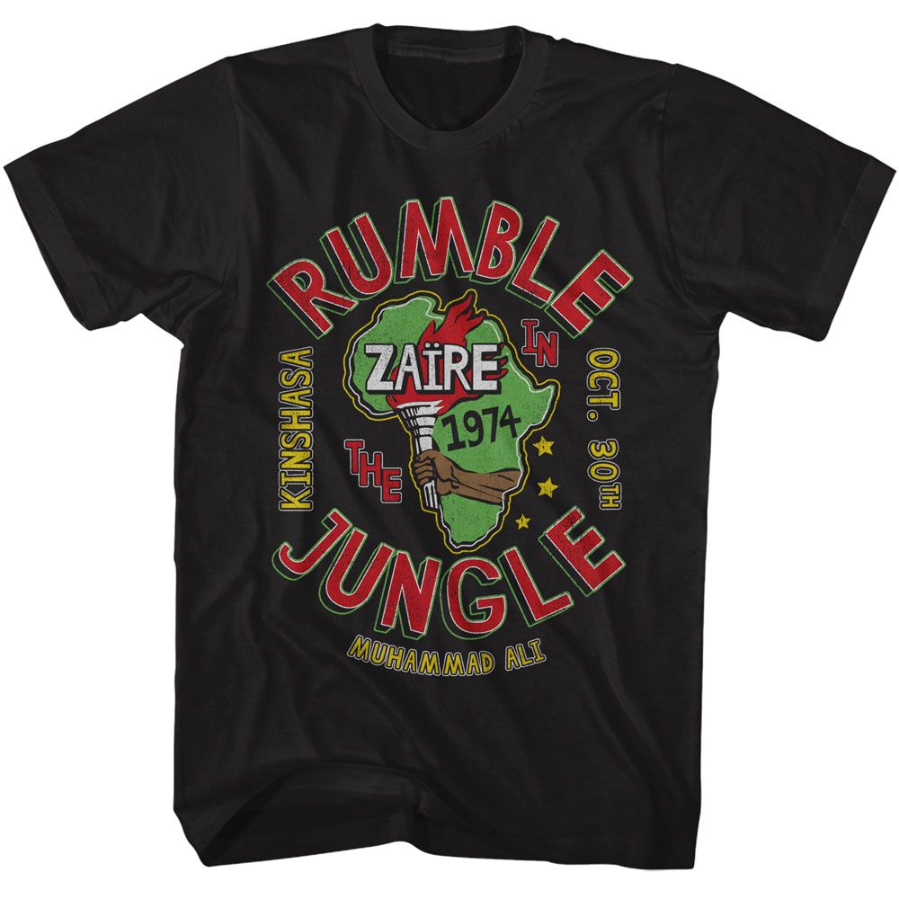 Black Muhammad Ali t-shirt featuring Muhammad Ali RITJ 74 Rumble in the Jungle design