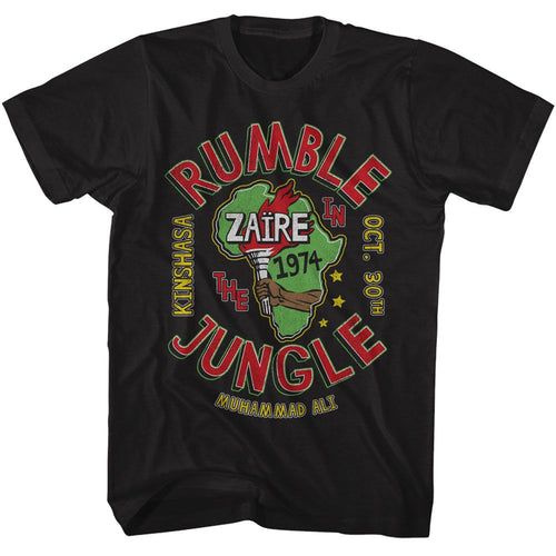 Black Muhammad Ali t-shirt featuring Muhammad Ali RITJ 74 Rumble in the Jungle design